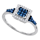 Sterling Silver Womens Round Blue Color Enhanced Diamond Square Cluster Ring 1/3 Cttw