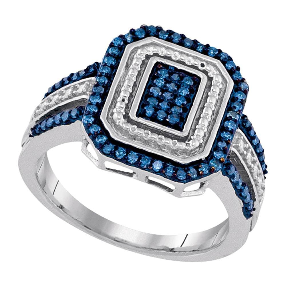 10kt White Gold Womens Round Blue Color Enhanced Diamond Rectangle Cluster Ring 1/3 Cttw