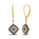 10kt Yellow Gold Womens Round Brown Diamond Square Dangle Earrings 1/2 Cttw