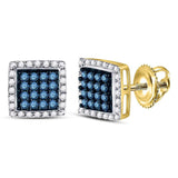 10kt Yellow Gold Mens Round Blue Color Enhanced Diamond Square Cluster Earrings 1/2 Cttw