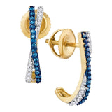 10kt Yellow Gold Womens Round Blue Color Enhanced Diamond Half J Hoop Earrings 1/8 Cttw