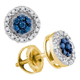 10kt Yellow Gold Womens Round Blue Color Enhanced Diamond Circle Cluster Earrings 1/4 Cttw