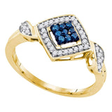 10kt Yellow Gold Womens Round Blue Color Enhanced Diamond Square Ring 1/4 Cttw