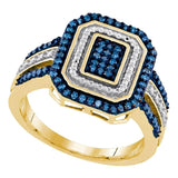 10kt Yellow Gold Womens Round Blue Color Enhanced Diamond Rectangle Cluster Ring 1/3 Cttw