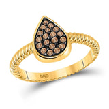 10kt Yellow Gold Womens Round Brown Diamond Teardrop Cluster Ring 1/5 Cttw