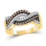 10kt Yellow Gold Womens Round Brown Diamond Crossover Band Ring 1/2 Cttw