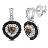 Sterling Silver Womens Round Black Color Enhanced Diamond Heart Dangle Earrings 1/2 Cttw