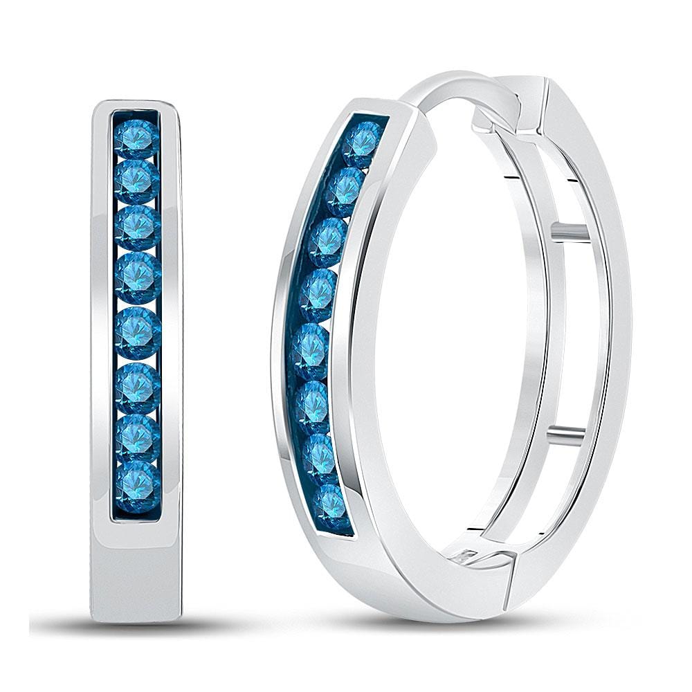 14kt White Gold Womens Round Blue Color Enhanced Diamond Hoop Earrings 1/2 Cttw