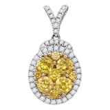 14kt White Gold Womens Round Yellow Diamond Oval Frame Cluster Pendant 2.00 Cttw