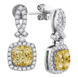 14kt White Gold Womens Round Yellow Diamond Square Dangle Earrings 1-1/4 Cttw