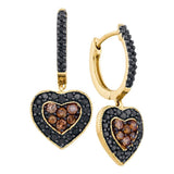 14kt Yellow Gold Womens Round Black Color Enhanced Diamond Heart Cluster Earrings 5/8 Cttw