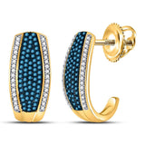 10kt Yellow Gold Womens Round Blue Color Enhanced Diamond Half J Hoop Earrings 1/2 Cttw