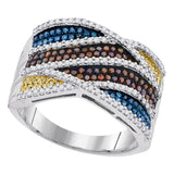 10kt White Gold Womens Round Multicolor Enhanced Diamond Striped Fashion Ring 3/4 Cttw