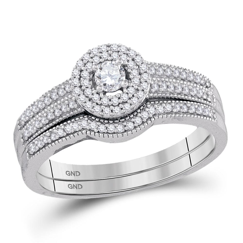 10k White Gold Round Diamond Halo Bridal Wedding Ring Band Set 1/3 Cttw