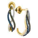 10kt Yellow Gold Womens Round Green Blue Color Enhanced Diamond Half J Hoop Earrings 1/4