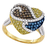 10kt Yellow Gold Womens Round Blue Brown Yellow Color Enhanced Diamond Heart Ring 1 Cttw