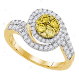 14kt Yellow Gold Womens Round Yellow Diamond Halo Cluster Swirl Ring 1.00 Cttw