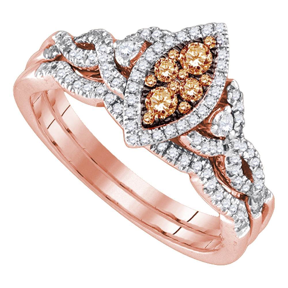 14kt Rose Gold Womens Round Chocolate Brown Diamond Cluster Twist Bridal Wedding Engagement Ring Band Set 1/2 Cttw