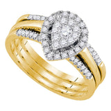 14kt Yellow Gold Diamond Teardrop Cluster Bridal Wedding Ring Band Set 1/2 Cttw