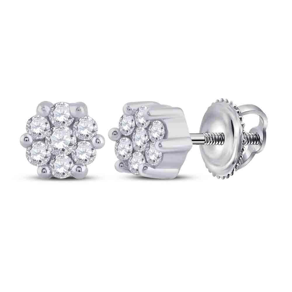 14kt White Gold Womens Round Diamond Flower Cluster Earrings 1/6 Cttw