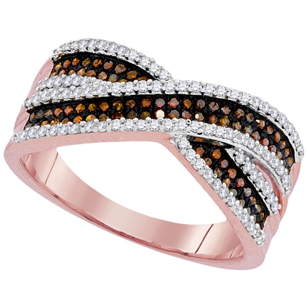 10kt Rose Gold Womens Round Red Color Enhanced Diamond Crossover Band Ring 1/2 Cttw