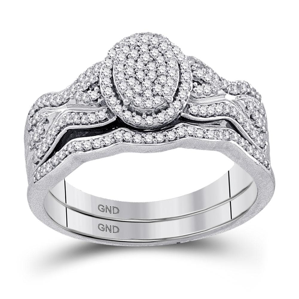 10kt White Gold Round Diamond Oval Cluster Bridal Wedding Ring Band Set 3/8 Cttw