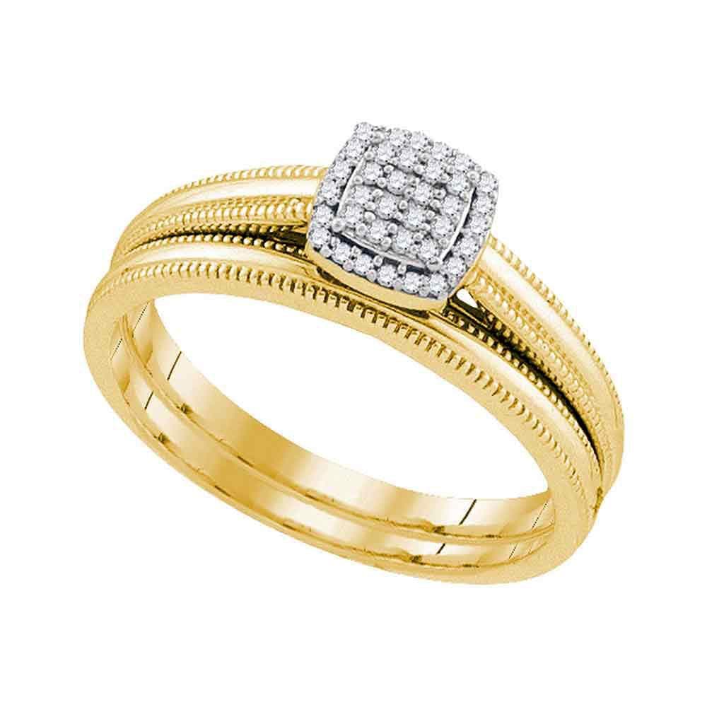 10kt Yellow Gold Round Diamond Milgrain Bridal Wedding Ring Band Set 1/10 Cttw