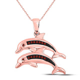 10kt Rose Gold Womens Round Red Color Enhanced Diamond Double Dolphin Pendant 1/20 Cttw