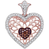 10kt Rose Gold Womens Round Red Color Enhanced Diamond Filigree Heart Pendant 1/4 Cttw