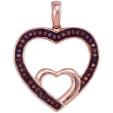 10kt Rose Gold Womens Round Red Color Enhanced Diamond Nested Double Heart Pendant 1/8 Cttw