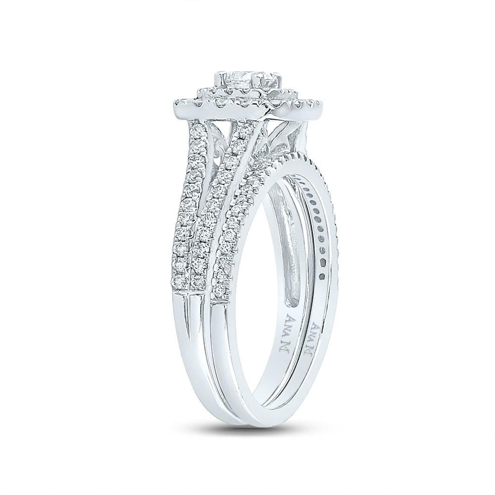 14kt White Gold Round Diamond Double Halo Bridal Wedding Ring Band Set 1 Cttw