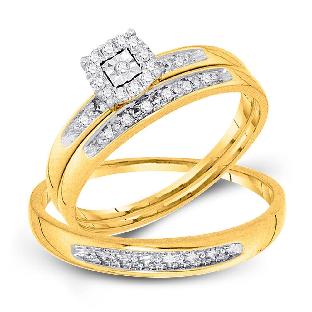 10kt Yellow Gold His Hers Round Diamond Solitaire Matching Wedding Set 1/12 Cttw