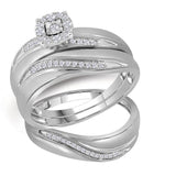 10k White Gold Round Diamond Mens Womens Trio Matching Halo Wedding Bridal Ring Set 1/5 Cttw