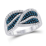 10kt White Gold Womens Round Blue Color Enhanced Diamond Striped Band Ring 3/8 Cttw