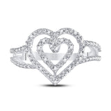 Sterling Silver Womens Round Diamond Nested Double Heart Ring 1/20 Cttw