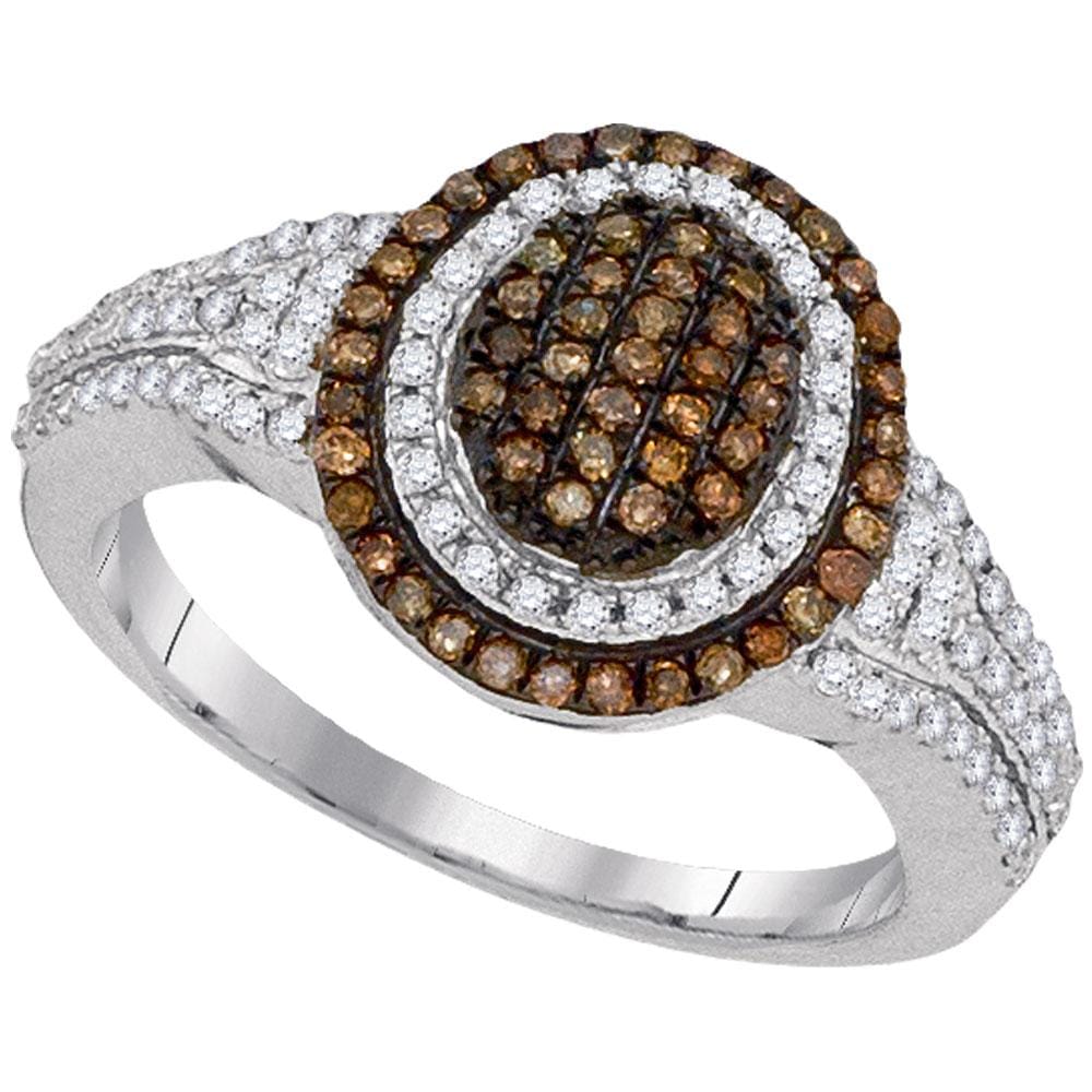 10kt White Gold Womens Round Brown Color Enhanced Diamond Oval Cluster Ring 1/2 Cttw