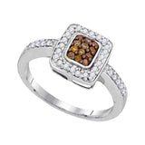10kt White Gold Womens Round Brown Diamond Square Cluster Ring 1/3 Cttw