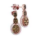 14kt Rose Gold Womens Round Cognac-brown Color Enhanced Diamond Triple Oval Cluster Dangle Earrings 7/8 Cttw