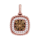 14kt Rose Gold Womens Round Brown Diamond Square Frame Cluster Pendant 1/3 Cttw