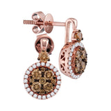 14kt Rose Gold Womens Round Brown Diamond Cluster Frame Earrings 7/8 Cttw