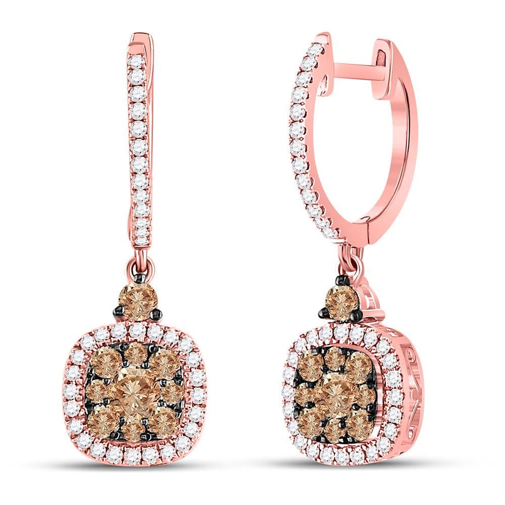 14kt Rose Gold Womens Round Brown Color Enhanced Diamond Square Dangle Earrings 7/8 Cttw