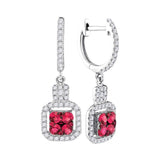 14kt White Gold Womens Round Ruby Diamond Square Dangle Earrings 1 Cttw