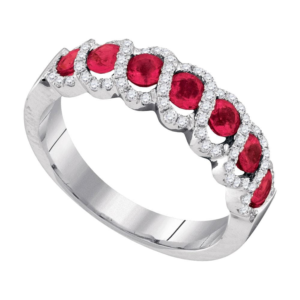 14kt White Gold Womens Round Ruby Diamond Striped Band Ring 1 Cttw