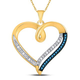 10kt Yellow Gold Womens Round Blue Color Enhanced Diamond Heart Pendant 1/6 Cttw