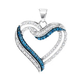10kt White Gold Womens Round Blue Color Enhanced Diamond Double Frame Heart Pendant 1/3 Cttw