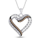 10kt White Gold Womens Round Brown Diamond Heart Pendant 1/3 Cttw