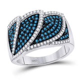 10kt White Gold Womens Round Blue Color Enhanced Diamond Stripe Overlay Fashion Ring 1.00 Cttw