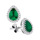 14kt White Gold Womens Pear Emerald Diamond Stud Earrings 1-1/5 Cttw