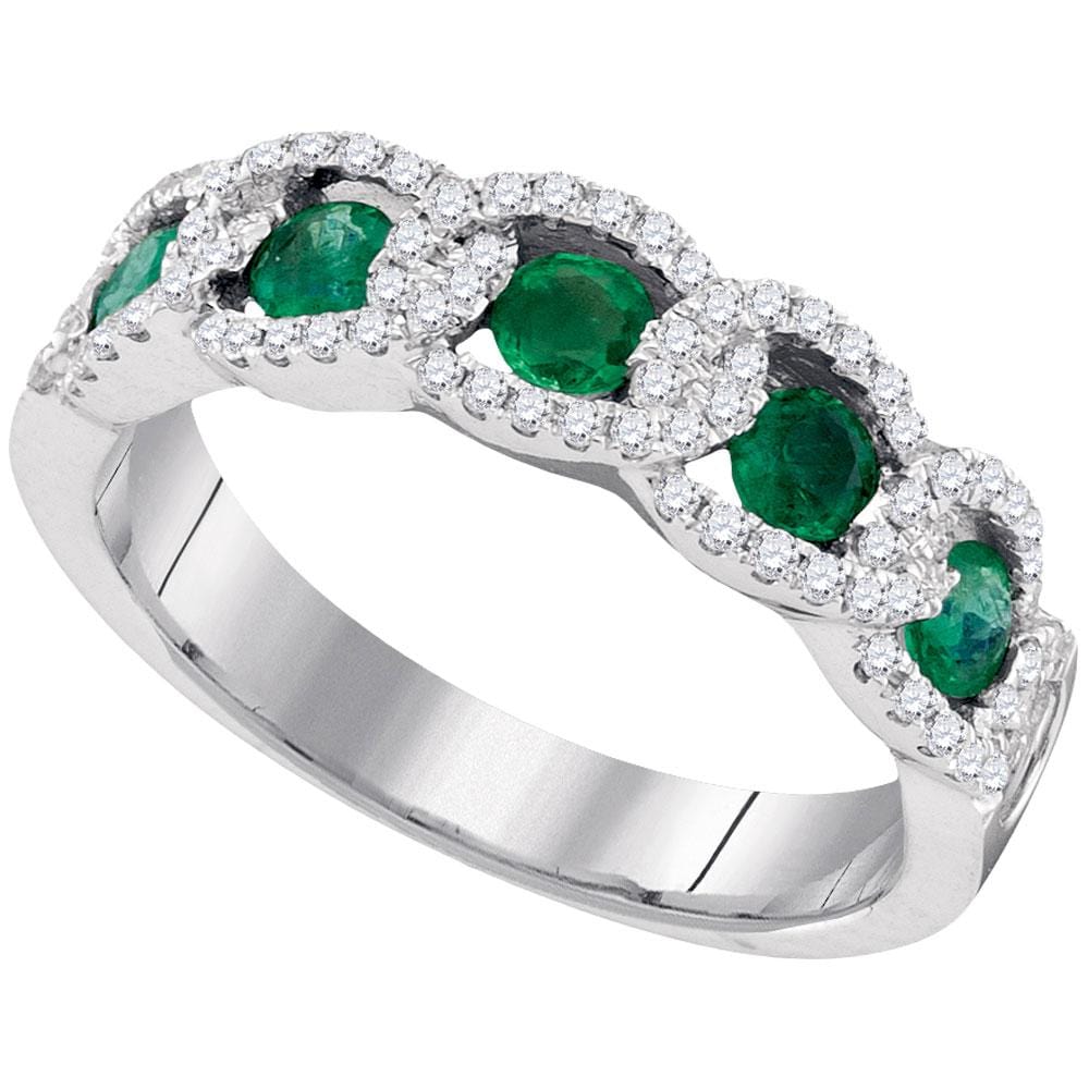 14kt White Gold Womens Round Emerald Diamond Accent Band Ring 1 Cttw