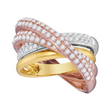 14kt Tri-Tone Gold Womens Round Diamond Fashion Crossover Band Ring 1-1/4 Cttw